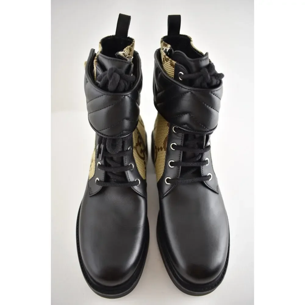 Gucci Marmont Black Leather Beige GG Coated Canvas Logo Print Combat Boots 38